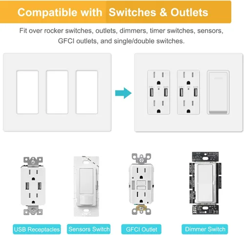Miniatura 2 de Cubierta de placa de pared sin tornillos de 3 segmentos, cubierta de salida decorativa para interruptores de luz, atenuadores, GFCI, receptáculo