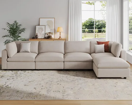 Miniatura 14 de VANOMi Sofá modular, cómodo sofá con marco de madera maciza de 3 asientos, sofá moderno certificado FSC para sala de estar, beige