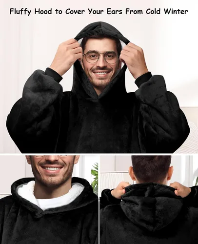 Miniatura 5 de Sendowtek Manta Vestible para Mujeres y Hombres, Sudadera Larga Sherpa con Capucha y Bolsillo Grande, Manta con Capucha Cómoda de Gran Tamaño, Negro