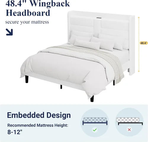 Miniatura 7 de Allewie Base de cama de plataforma tamaño Queen con estación de carga y cabecera de almacenamiento, diseño tapizado de terciopelo con respaldo