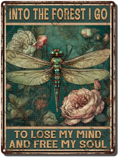 Miniatura 10 de LIUAXICIA Letreros divertidos de metal con texto en inglés «Into The Forest I go to Lose My Mind and Free My Soul Dragonfly», decoración de pared