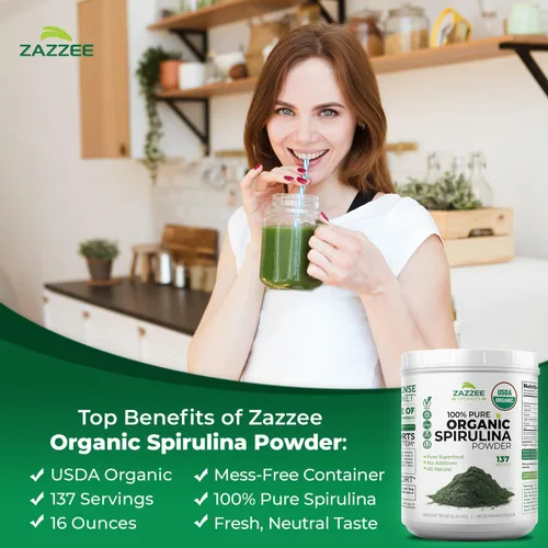 Miniatura 4 de Zazzee Polvo de Espirulina Orgánica, 16 Onzas (1 LB), Certificado USDA, 137 Porciones, 100% Puro, Kosher, No Irradiado, Envase de Boca Ancha Sin