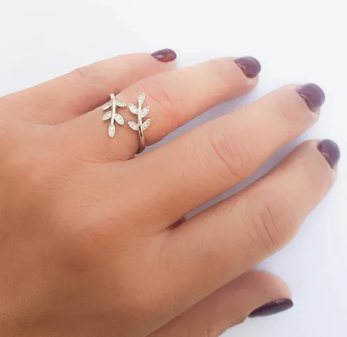 Miniatura 2 de Sterling Silver 925 Clear CZ Ring Leaf Laurel Nature Branch Adjustable Band Tiny Diamonds