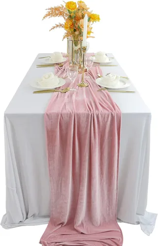 Miniatura 16 de Camino de mesa de terciopelo, decoración de recepción de boda de lujo de 10 pies, tela de terciopelo suave, superposición de lino para fiesta