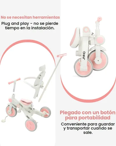 Miniatura 6 de JMMD - Triciclo para bebé 7 en 1 plegable con mango ajustable para padres, arnés de seguridad y frenos de rueda, toldo extraíble, triciclo de paseo