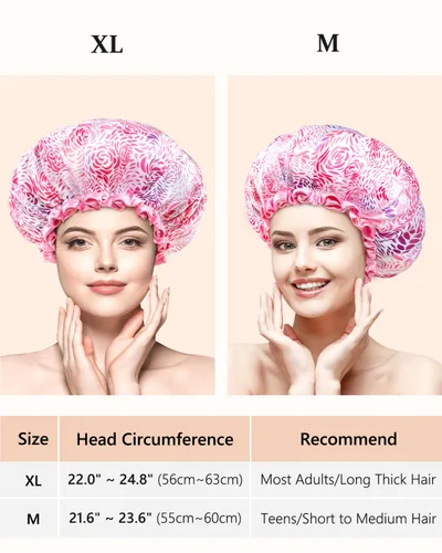 Miniatura 2 de mikimini Gorro de ducha grande para mujer, cabello largo, 1 paquete, diseño romántico de pétalos, doble capa impermeable, reutilizable, lavable