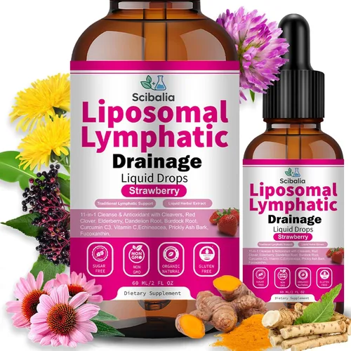 Gotas de drenaje linfático liposomal, soporte linfático orgánico 11 en 1 con trébol rojo, equinácea, saúco, raíz de bardana para limpieza linfática,