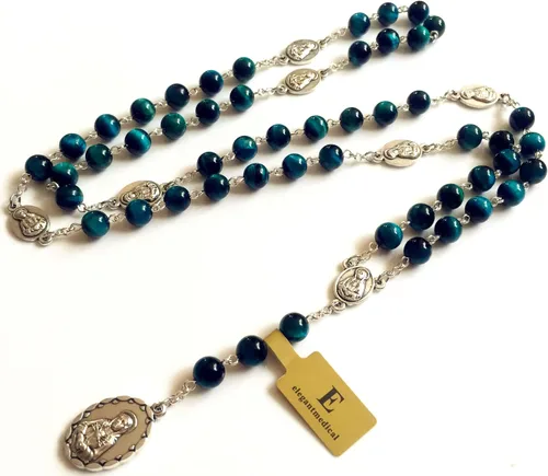 Miniatura 4 de elegantmedical Hecho a mano Rara Pavo Real BuleTiger Eye Jade Cuentas Siete 7 PELÍCULAS MARÍA MEDALLA Rosario Collar Regalos Católicos, Vidrio