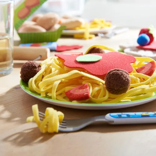 Miniatura 2 de HABA Juego de comida suave de espaguetis y albóndigas con plato, juguete de cocina para niños pequeños y niños, divertido juego de cocina