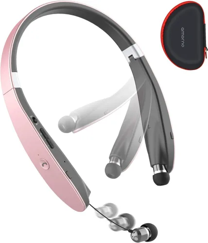 Amorno Auriculares plegables Bluetooth con banda para el cuello inalámbrica con auriculares retráctiles, auriculares deportivos a prueba de sudor