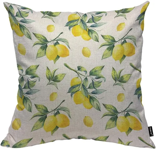 HOSNYE Funda de almohada de lino y algodón amarillo limón con hojas verdes, cítricos, fruta, arboleda, ramas de lima, acuarela, fundas de cojín