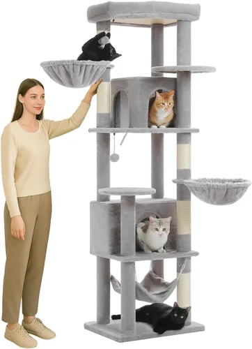 Miniatura 17 de MUTTROS Árbol gótico para gatos de 59 pulgadas con cama de ataúd, torre negra para gatos de interior con amplio condominio para gatos y hamaca