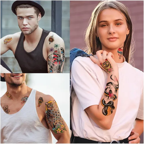 Miniatura 5 de Yazhiji 77 hojas de tatuajes falsos impermeables para hombres o mujeres, 17 hojas más grandes, mitad brazo, búho, peonía, mariposa, serpiente