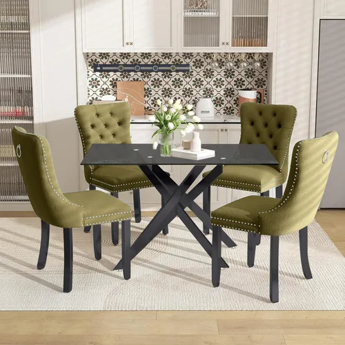 Miniatura 17 de Juego de mesa de comedor de 51 pulgadas de vidrio para 4, mesa de cocina rectangular de vidrio con 4 sillas tapizadas con acentos de terciopelo
