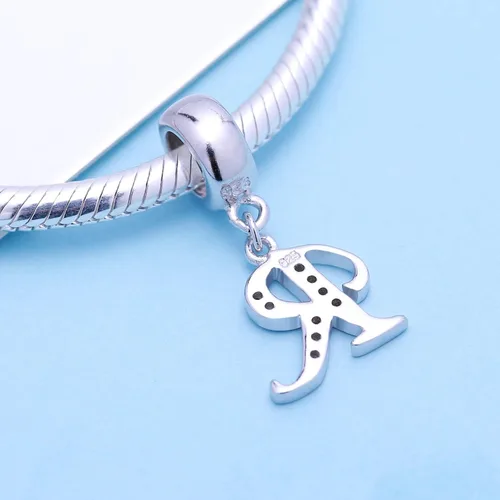 Miniatura 80 de ABUN Abalorio de plata de ley 925 con letra A a la Z, espaciador de inicial, con circonita cúbica transparete colgante, auténtica, para pulseras