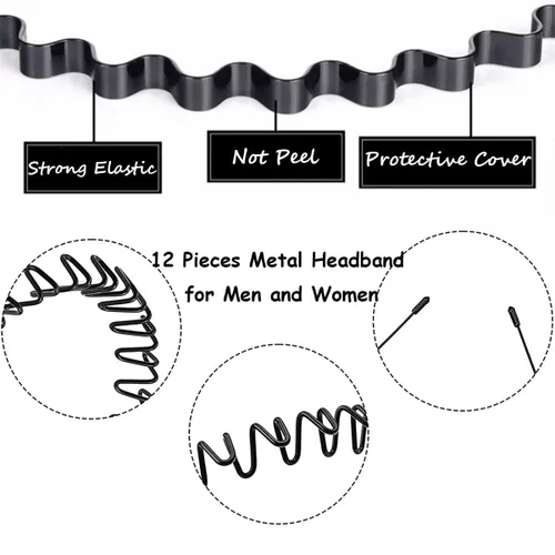 Miniatura 5 de BOYIVI 12 diademas de metal para hombres y mujeres, unisex, ajustables, negras, onduladas, antideslizantes, para primavera y verano, para el hogar