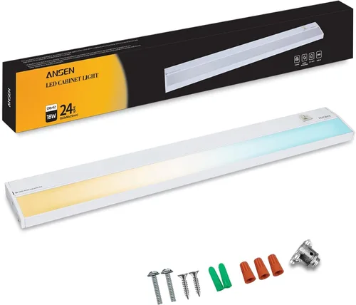Ansen Iluminación cableada para debajo del gabinete, luz LED de 24 pulgadas y 18 W para cocina/armario, 1237 lm, CRI>92, R9>90, 3 temperaturas de