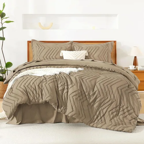 Miniatura 15 de Litanika Juego de ropa de cama con edredón tamaño King con sábanas beige - Juego de 7 piezas en una bolsa, diseño King Chevron copetudo bohemio