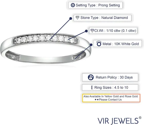 Miniatura 3 de Alianza de boda de diamante de 1/10 quilates para mujer, anillo de boda de oro blanco de 10 quilates con 10 piedras y juego de puntas, tamaño 4.5-10