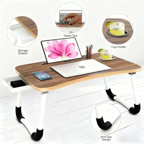 Miniatura 7 de Fayquaze - Escritorio portátil plegable para cama con cajón de almacenamiento y portavasos - Escritorio de regazo para portátil, soporte y bandeja