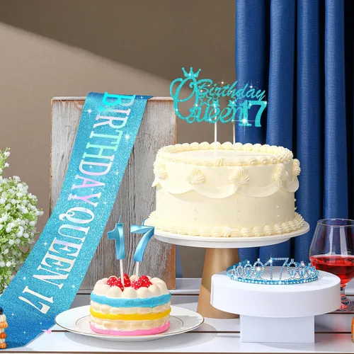 Miniatura 5 de Crowye Decoraciones de cumpleaños número 17, corona de tiara de 17 años, banda, decoración para tartas, velas, suministros para fiestas, regalos Azul