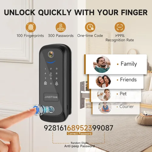 Miniatura 4 de JAIOTlink Cerradura inteligente 5 en 1 para puerta delantera, cerrojo de entrada sin llave con cámara y timbre, cerradura electrónica segura WiFi