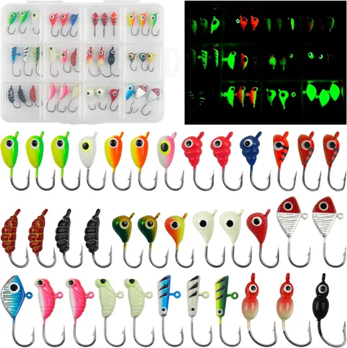 Miniatura 8 de Ice Fishing Jigs Lures kit, Luminous Ice Fishing Gear Crappie Panfish Jigs Head Fishing Hooks Set for Winter Ice Jigging Walleye Perch Bluegill