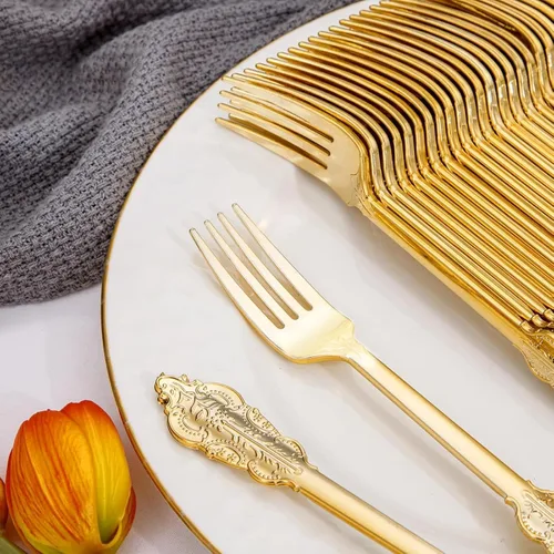 Miniatura 5 de WDF 100 tenedores dorados desechables, tenedores de plástico dorado de 7.48 pulgadas, cubiertos de plástico barroco para pastel de postre