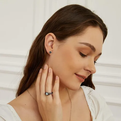 Miniatura 3 de Opaltop - Anillo de compromiso chapado en negro con ópalo de fuego blanco y amatista tallas 5 a 10 para niñas y mujeres latín 8 negro aro