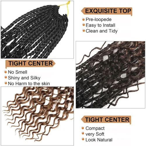 Miniatura 2 de Goddess Box Braids - Trenzas de cabello a ganchillo con extremos rizados, trenzas de caja bohemianas de 16 pulgadas, trenzas de ganchillo, 8 1B-4-30