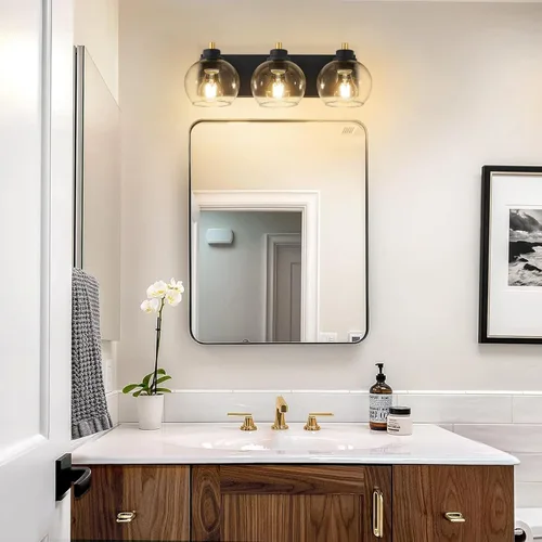 Miniatura 9 de Tuscarora Lámpara de tocador de baño de 3 luces, lámparas de baño negras y doradas, lámpara de tocador moderna con pantalla de vidrio transparente