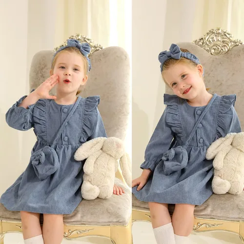 Miniatura 2 de Happy Town Ropa de otoño para niñas pequeñas, vestido de pana de manga larga con volantes con bolsa cruzada y diadema de 1 a 6 años