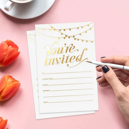 Miniatura 4 de ¡Invitaciones de fiesta S&O! 25 invitaciones tradicionales de papel de aluminio dorado con sobres, invitaciones de boda, bebé y despedida