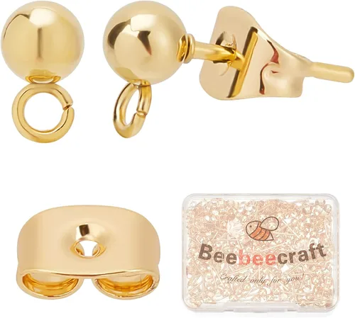 Beebeecraft 100 PIEZAS de Pendientes de Poste de Bola Chapados en Oro de 24K con Lazo, Accesorios para Pendientes con Poste de Bola para Hacer Dorado