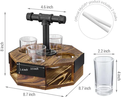 Miniatura 4 de MyGift Juego de servidor de vuelo de cerveza geométrica de madera maciza quemada con mango de tubo de metal industrial rústico, 4 vasos de cerveza