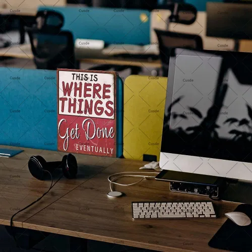 Miniatura 5 de Letreros de garaje con texto en inglés "This Is Where Things Get Done Eventually Vintage", decoración retro de garaje para oficina, sala de trabajo