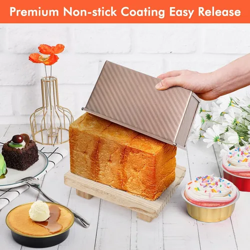 Miniatura 7 de Beasea Pullman - Molde para pan con tapa, paquete de 2, moldes para pan de 1 libra antiadherentes, caja para pan tostado de acero al carbono con Oro