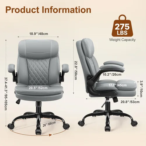 Miniatura 2 de Silla de oficina de piel, sillas de escritorio de computadora de poliuretano mejoradas con cojín de asiento de doble capa y reposaespaldas, Gris