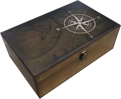 Navigators Compass - Caja de recuerdos de madera, caja de memoria grande para recuerdos, caja de almacenamiento decorativa para recuerdos, joyas y