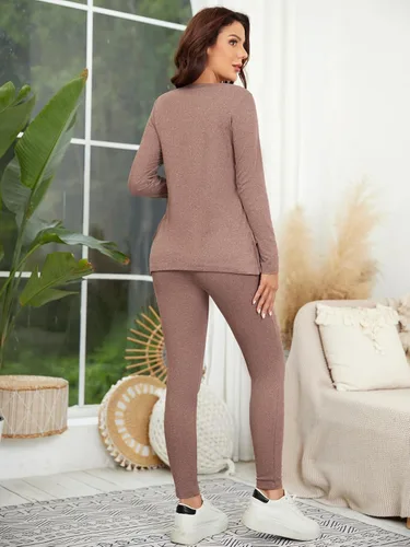 Miniatura 2 de OYOANGLE Conjunto de camiseta de maternidad con cuello redondo y nudo lateral para mujer
