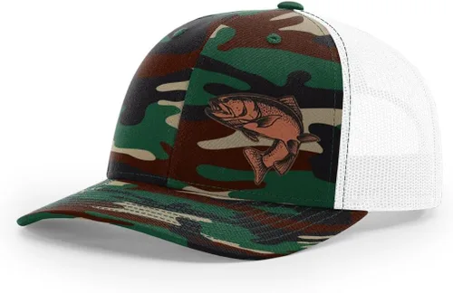 Miniatura 55 de Sombrero de pesca de trucha con parche de cuero grabado láser Richardson 112 Snapback Trucker Cap