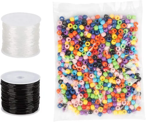Cordón elástico de 0.039 in con cuentas multicolor de 0.394 pulgadas, cordones elásticos findTop en blanco y negro (0.039 in, 330 pies), cuentas de