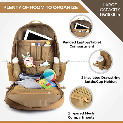 Miniatura 5 de T.O.M HORIZONS Bolsa de pañales para papá; sistema de cambio de pañales con una sola mano. Cambiador de pañales y mucho más incluido Caqui