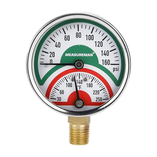 MEASUREMAN Tridicador, Termomanómetro, 2-1/2", 0-160psi/30-250 grados F, Caja de Hierro Negro, Manómetro de Presión con Montaje Inferior NPT de 1/4"