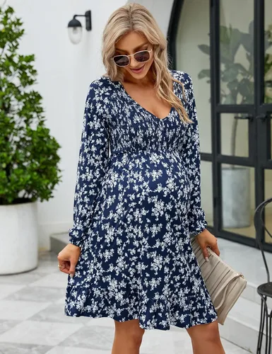 Miniatura 2 de Coolmee Vestido de maternidad de manga corta con volantes y cuello en V para mujer, vestido de verano casual fruncido fluido para baby shower