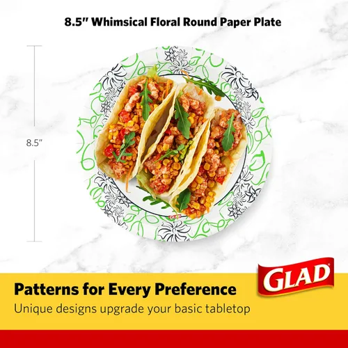 Miniatura 6 de Glad Platos redondos de papel desechables, con patrón floral caprichoso, a prueba de remojo, resistente a cortes, aptos para microondas, platos