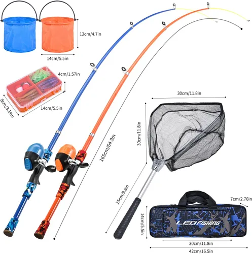 Miniatura 5 de LEOFISHING Juego de 2 Cañas de Pescar Portátiles para Niños Paquete de 2 Cañas de Pescar Telescópicas para Niños y Niñas Combos de Caña de Pescar