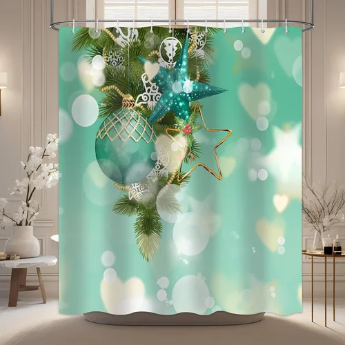 Miniatura 5 de Cortina de ducha de Feliz Navidad para baño, Nochebuena, Año Nuevo, arte bokeh verde, juego de cortina de ducha moderna de Navidad, cortina de ducha