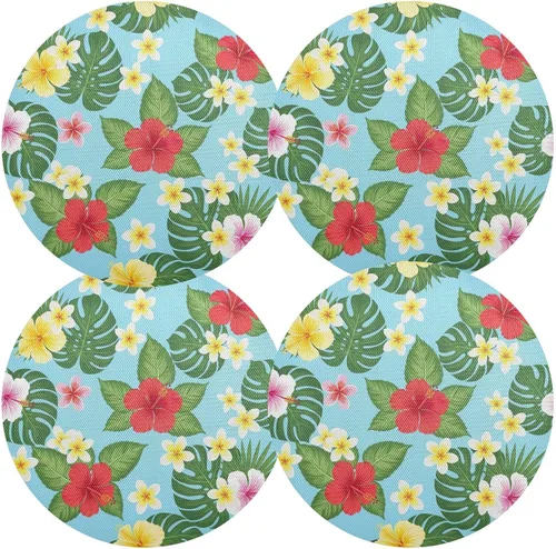 Miniatura 2 de Manteles individuales redondos rojos con hojas tropicales, flores vibrantes, resistentes al calor, antideslizantes, para cocina, talla 1 x 1