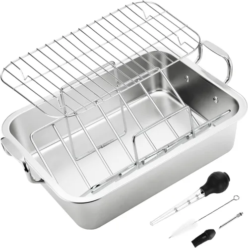 Miniatura 2 de Asador rectangular de acero inoxidable de 15 pulgadas con estante en forma de V y tostador de pavo, tostador rectangular para pavo, pollo, verduras